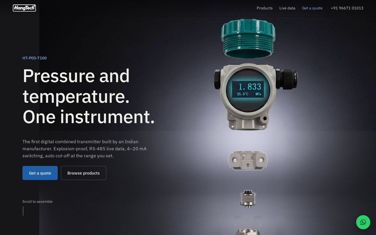 HangTech HT-P05-T100 product site hero — exploded-view transmitter